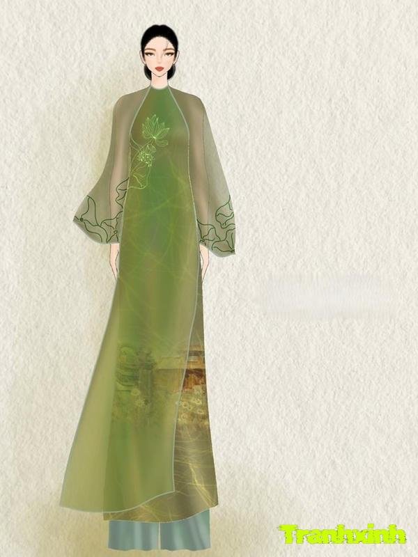 trang trí áo dài lụa xanh rêu