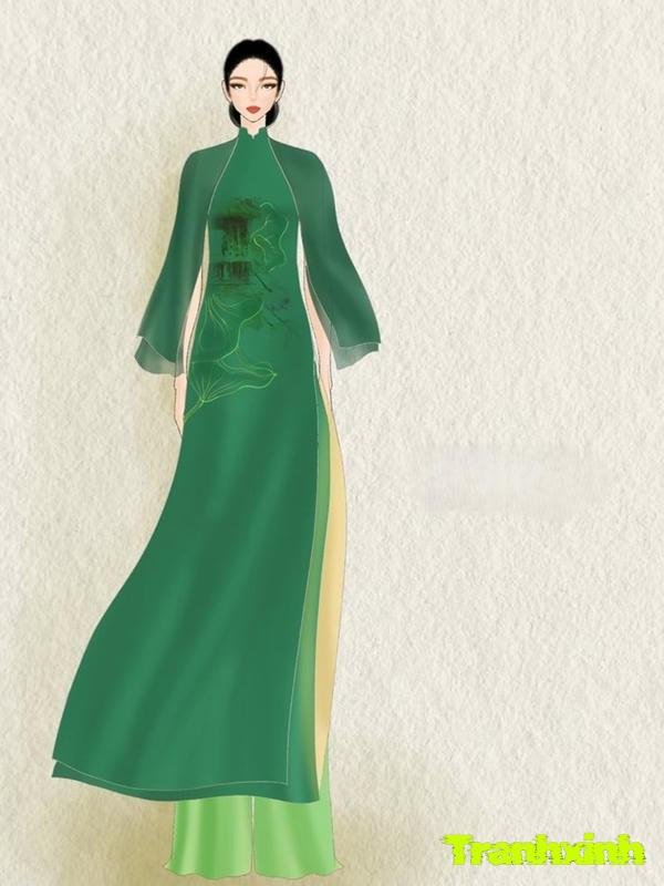 trang trí áo dài lụa xanh rêu