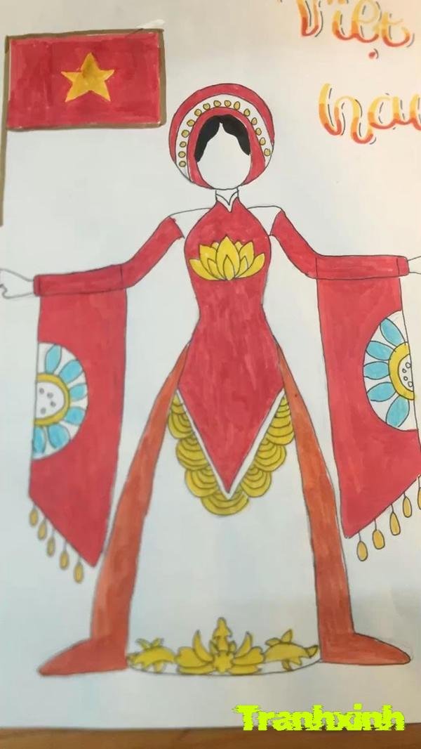 trang trí áo dài màu đỏ hoa sen vàng