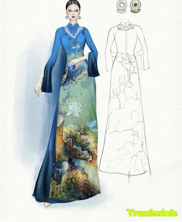 trang trí áo dài màu xanh hoa sen