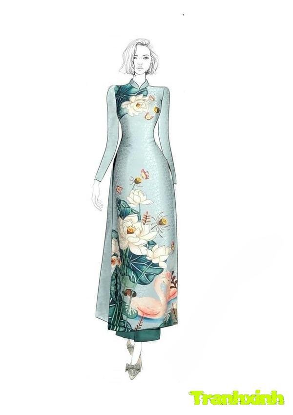 trang trí áo dài xanh xám hoa trắng