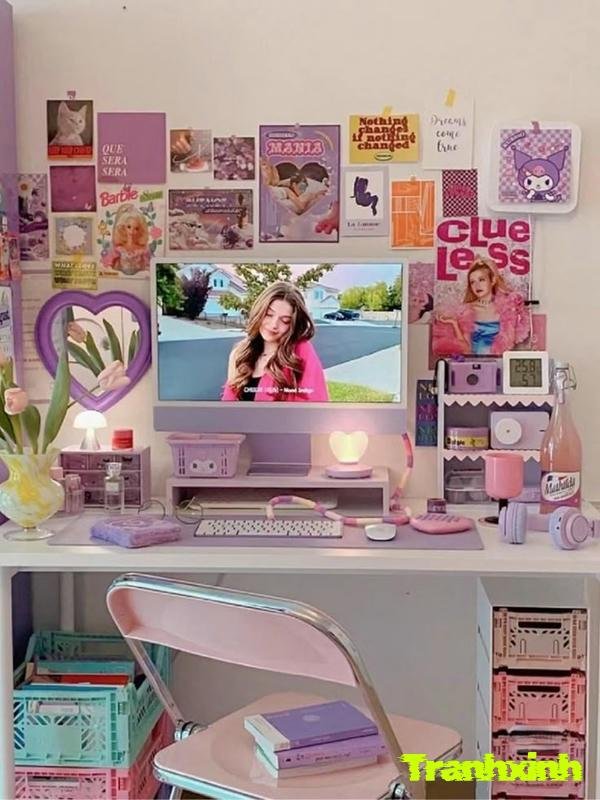 trang trí bàn học màu tím mộng mơ