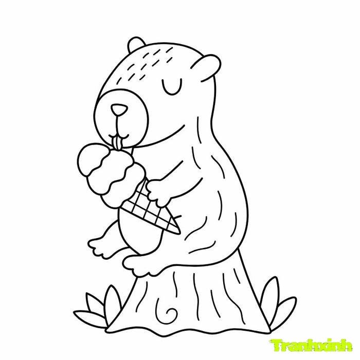 tranh tô màu capybara cute ăn kem