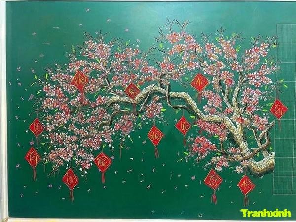 vẽ bảng trang trí tết cây hoa cheo lì xì