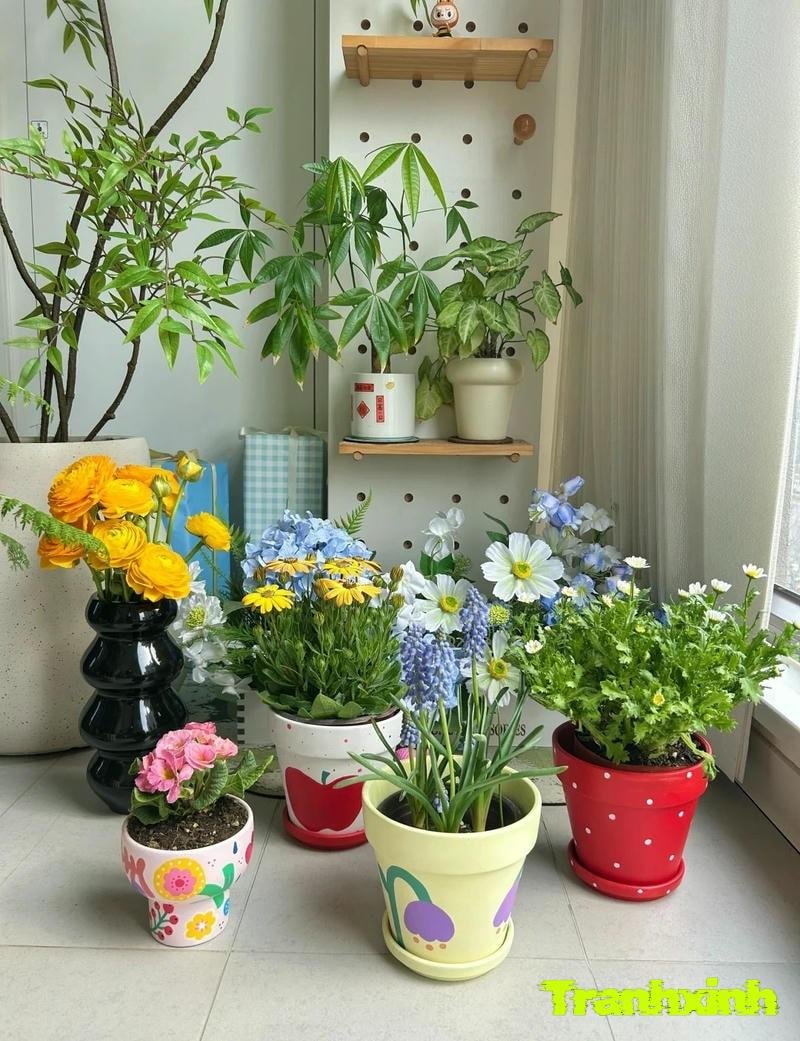 trang trí chậu cây nhiều màu