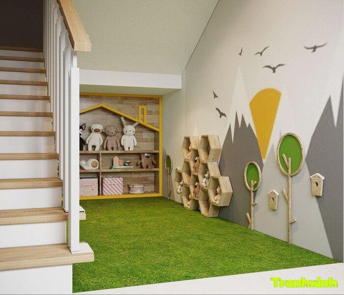 trang trí gầm cầu thang ánh sáng ấm