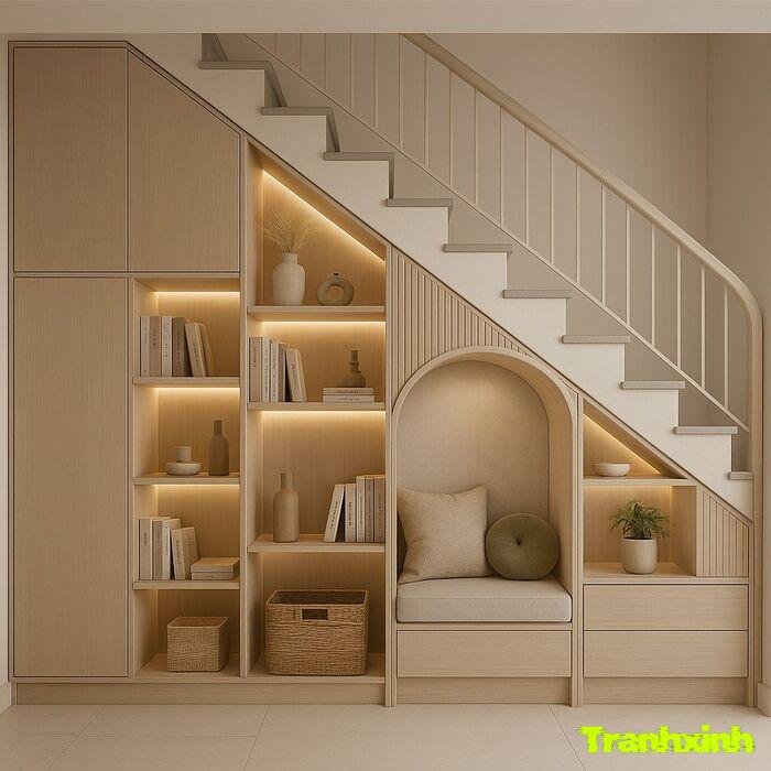 trang trí gầm cầu thang gỗ tự nhiên