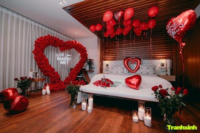 trang trí giường cưới tone đỏ