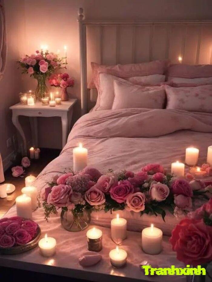 trang trí giường cưới tone hồng
