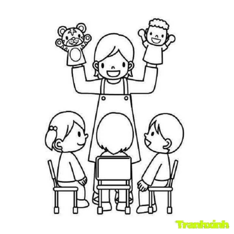 tranh rỗng tô màu chủ đề trường mầm non