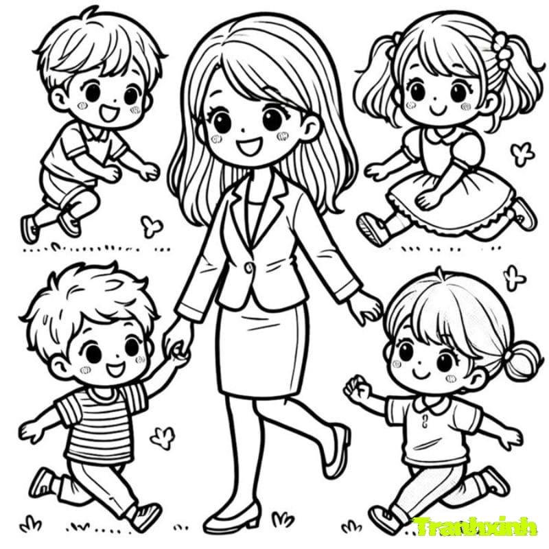 tranh tô màu cô giáo và học sinh mầm non