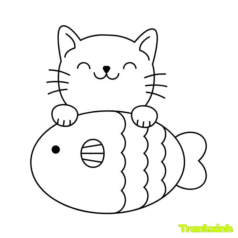 tranh tô màu con mèo ăn cá