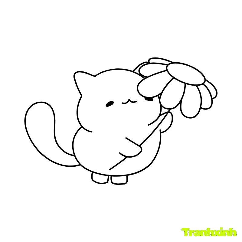 tranh tô màu con mèo cầm hoa